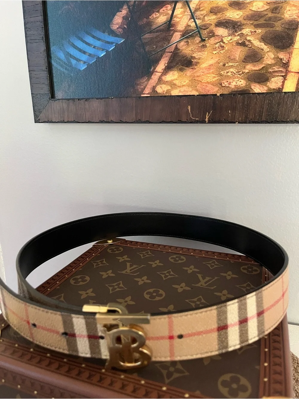 Burberry Beige Plaid Belt with Reversible Buckle
